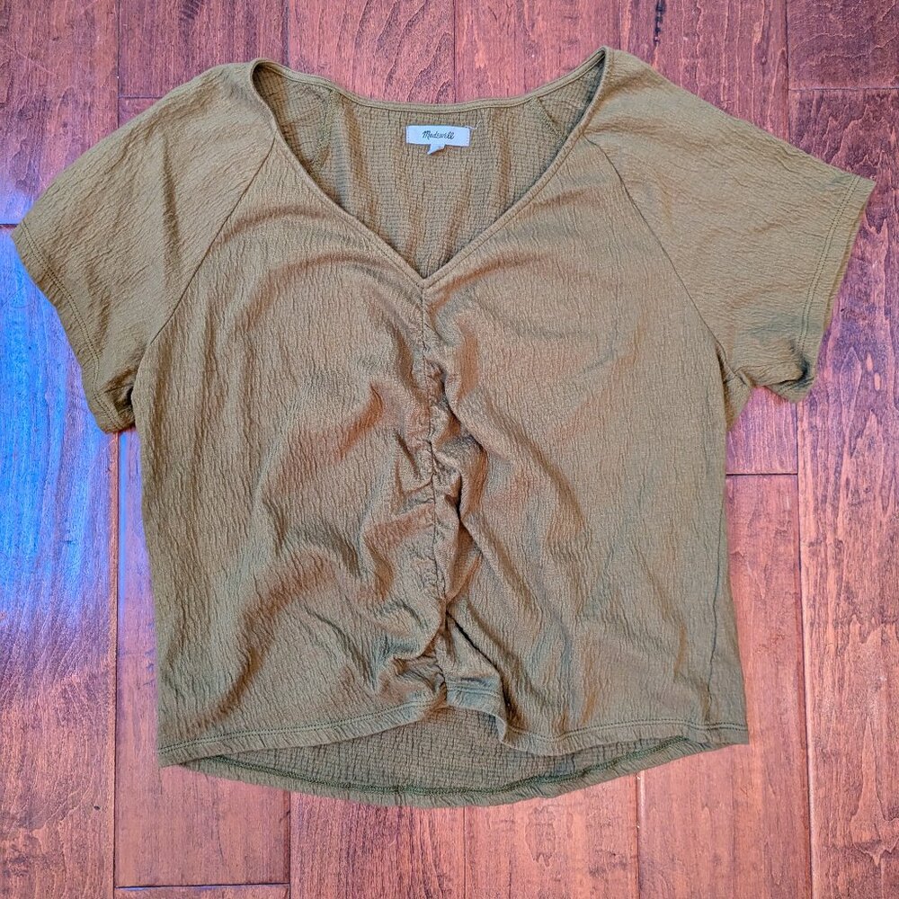 Madewell Knit Lightspun Ruched-Front Crop Top, Womens Medium, Olive Green